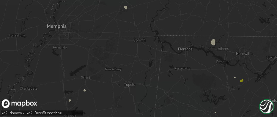 Hail map in Booneville, MS on July 1, 2026
