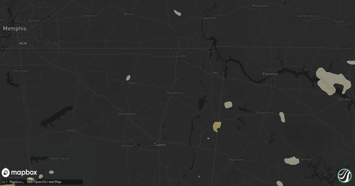 Hail map in Booneville, MS on July 1, 2026