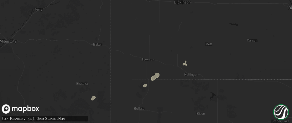 Hail map in Bowman, ND on July 1, 2026