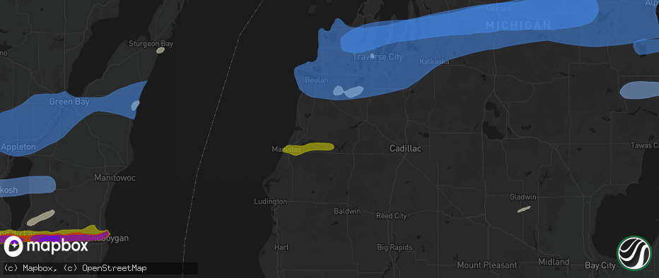 Hail map in Brethren, MI on July 1, 2026