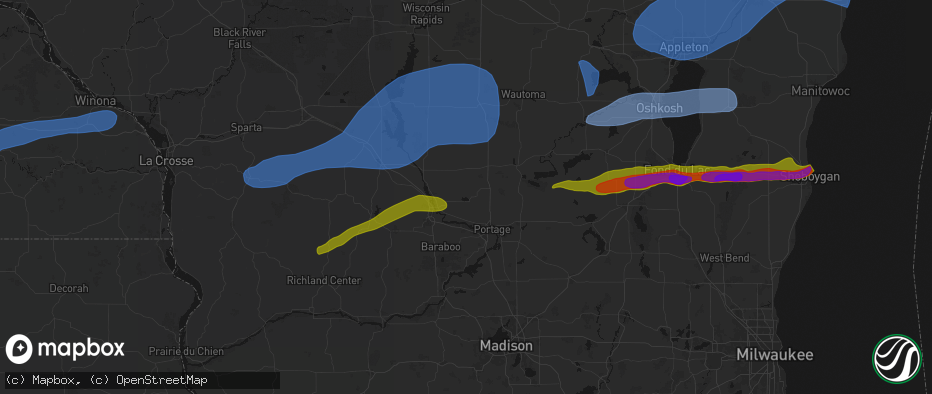 Hail map in Briggsville, WI on July 1, 2026