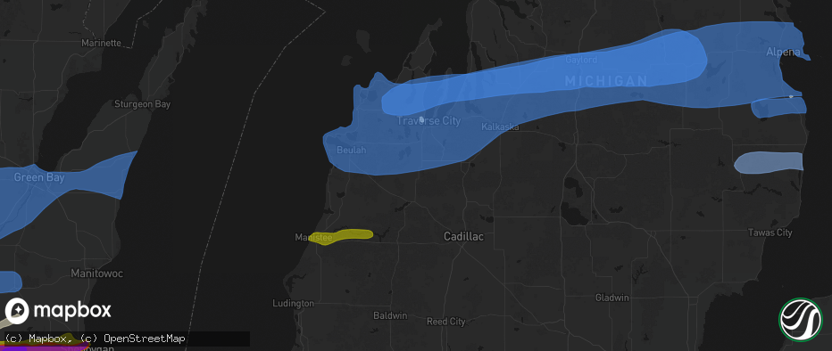 Hail map in Buckley, MI on July 1, 2026