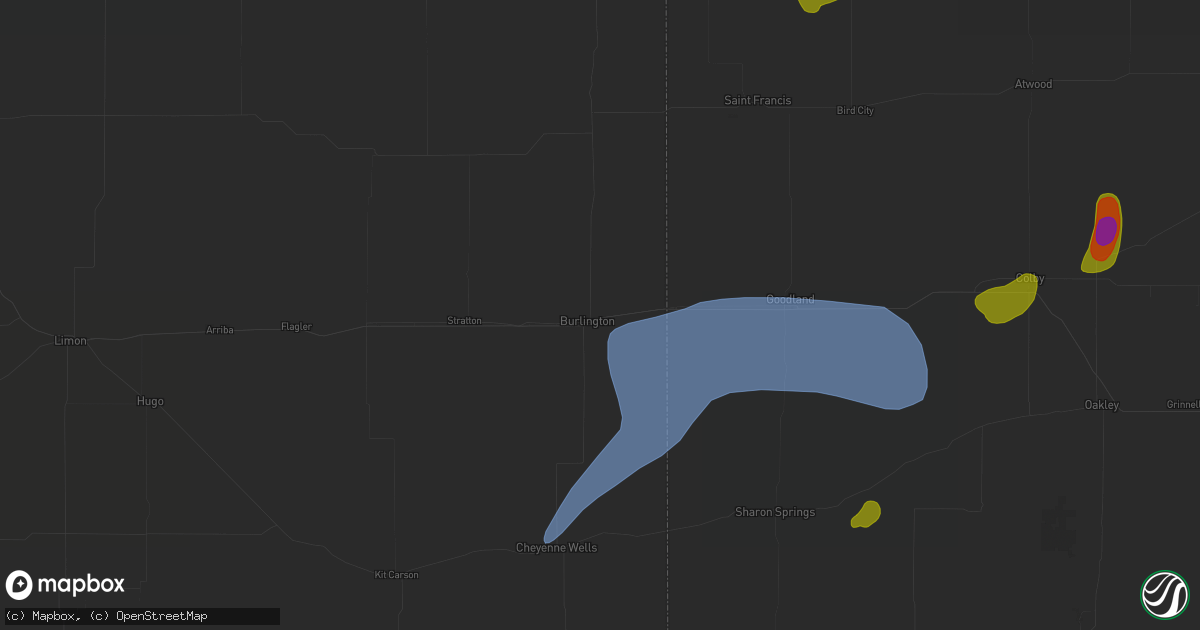Hail map in Burlington, CO on July 1, 2026
