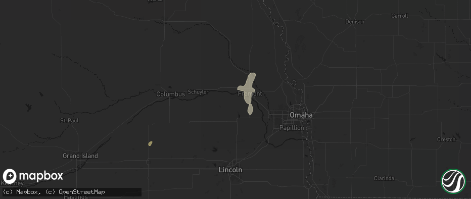 Hail map in Cedar Bluffs, NE on July 1, 2026