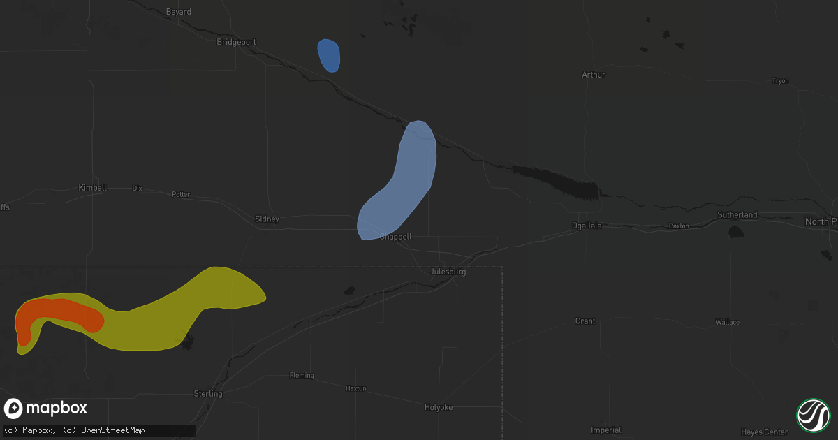 Hail map in Chappell, NE on July 1, 2026