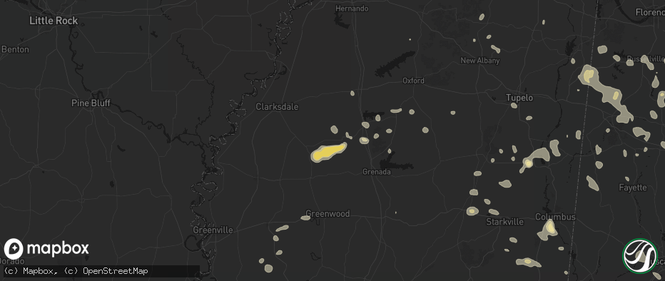 Hail map in Charleston, MS on July 1, 2026