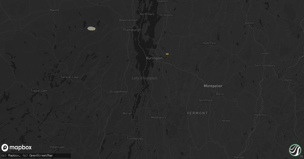 Hail map in Charlotte, VT on July 1, 2026