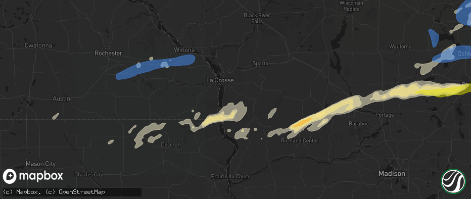 Hail map in Chaseburg, WI on July 1, 2026