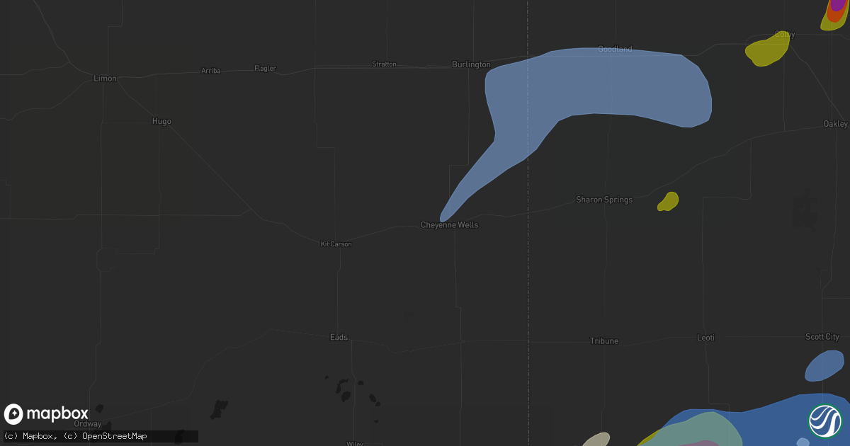 Hail map in Cheyenne Wells, CO on July 1, 2026