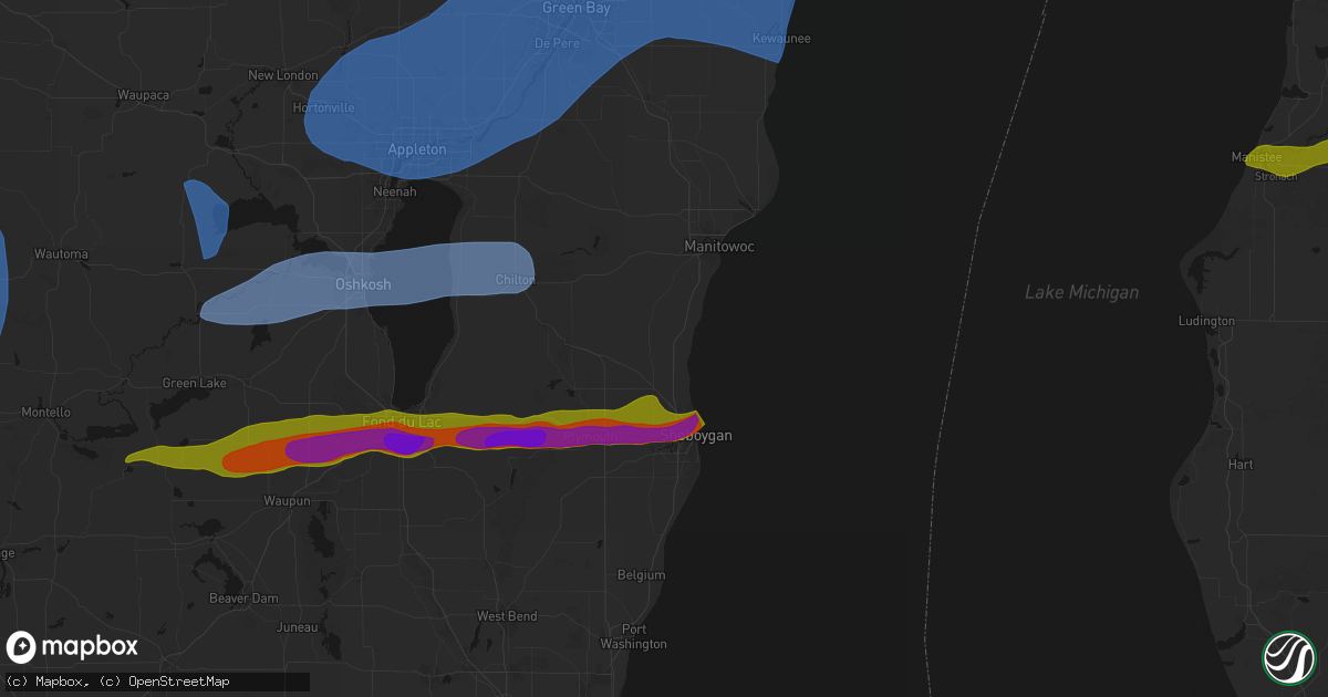 Hail map in Cleveland, WI on July 1, 2026
