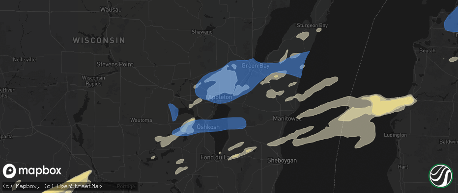 Hail map in Combined Locks, WI on July 1, 2026