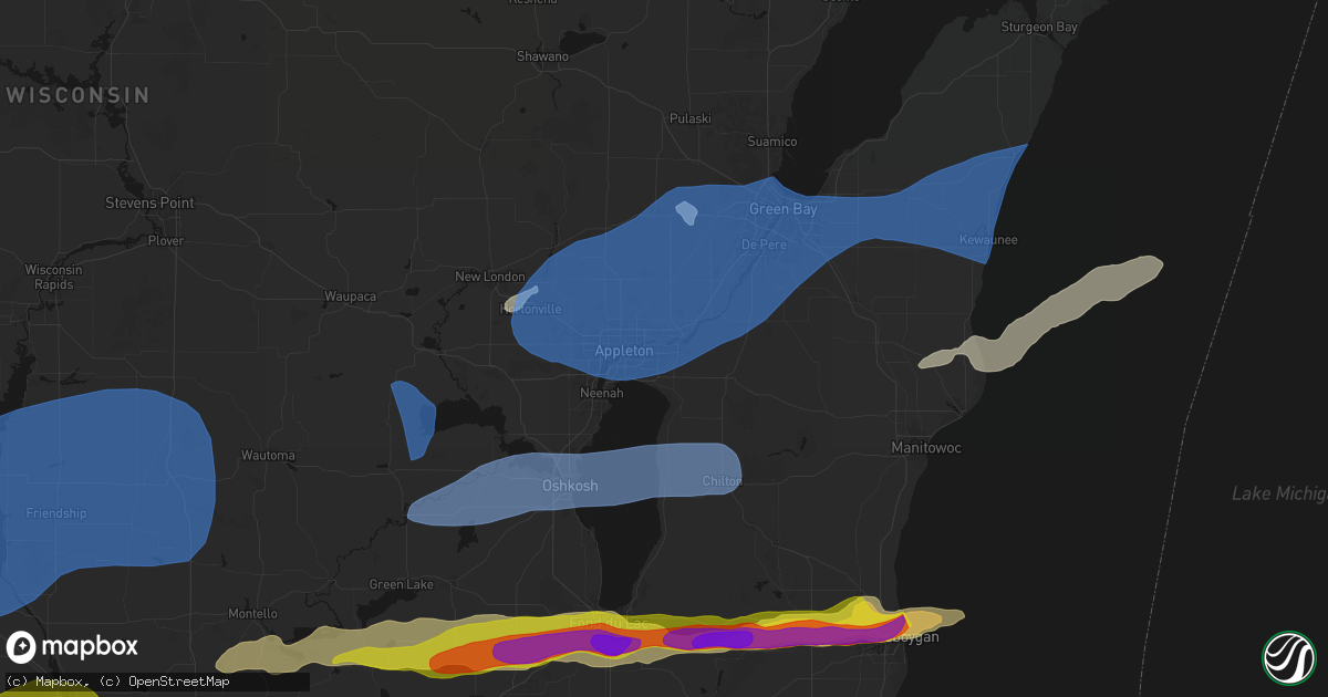 Hail map in Combined Locks, WI on July 1, 2026