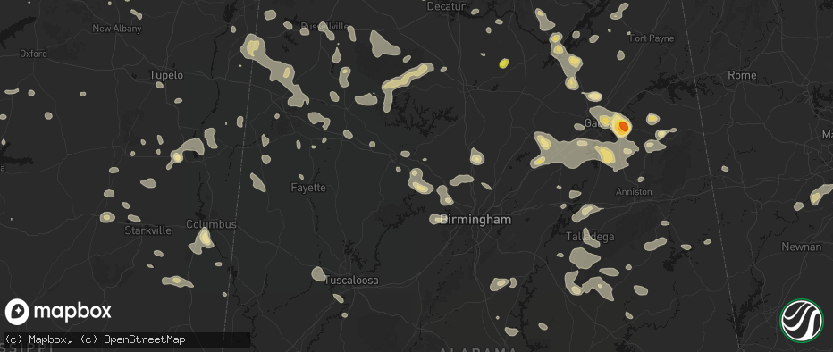 Hail map in Cordova, AL on July 1, 2026