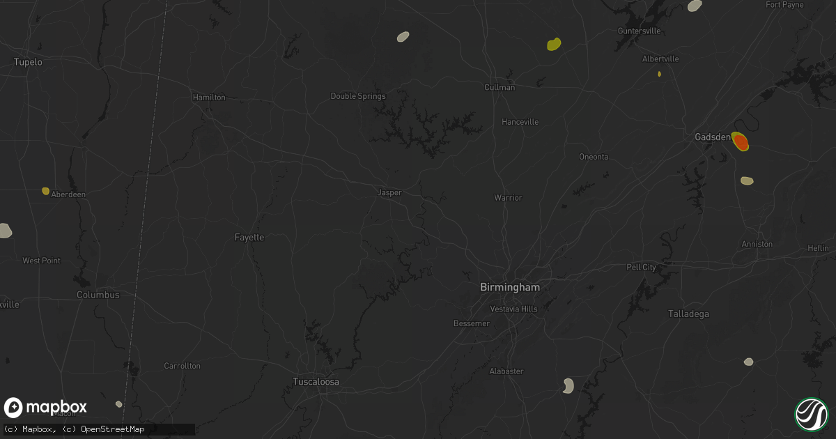 Hail map in Cordova, AL on July 1, 2026