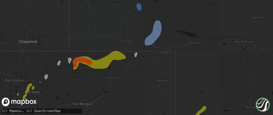Hail map in Crook, CO on July 1, 2026
