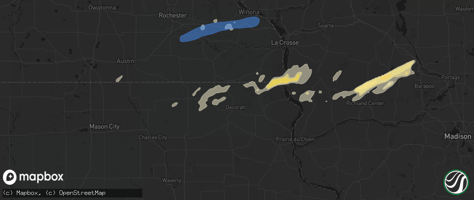 Hail map in Decorah, IA on July 1, 2026