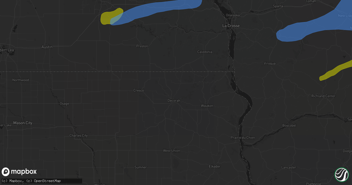 Hail map in Decorah, IA on July 1, 2026