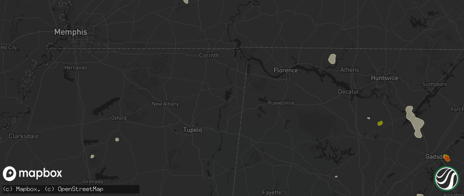 Hail map in Dennis, MS on July 1, 2026