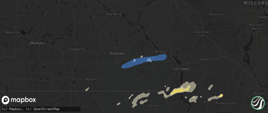 Hail map in Dover, MN on July 1, 2026