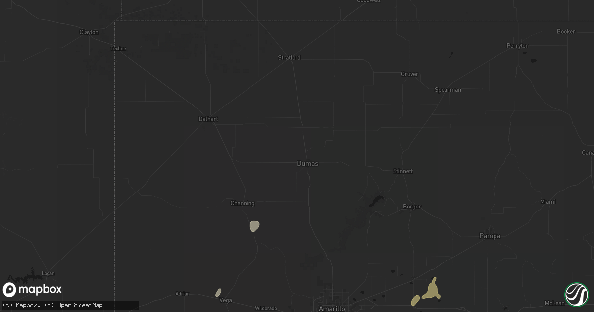 Hail map in Dumas, TX on July 1, 2026
