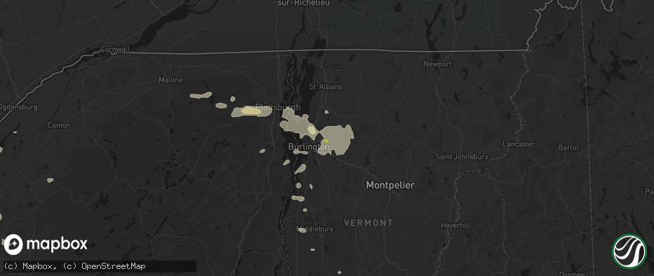 Hail map in Essex Junction, VT on July 1, 2026