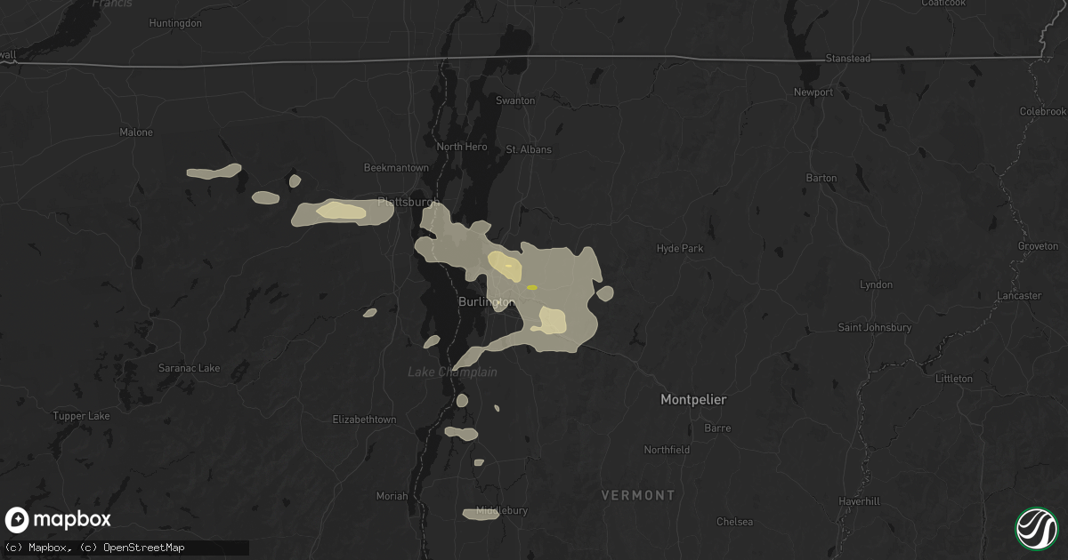 Hail map in Essex Junction, VT on July 1, 2026