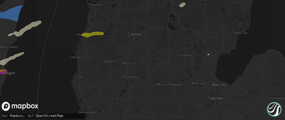 Hail map in Evart, MI on July 1, 2026
