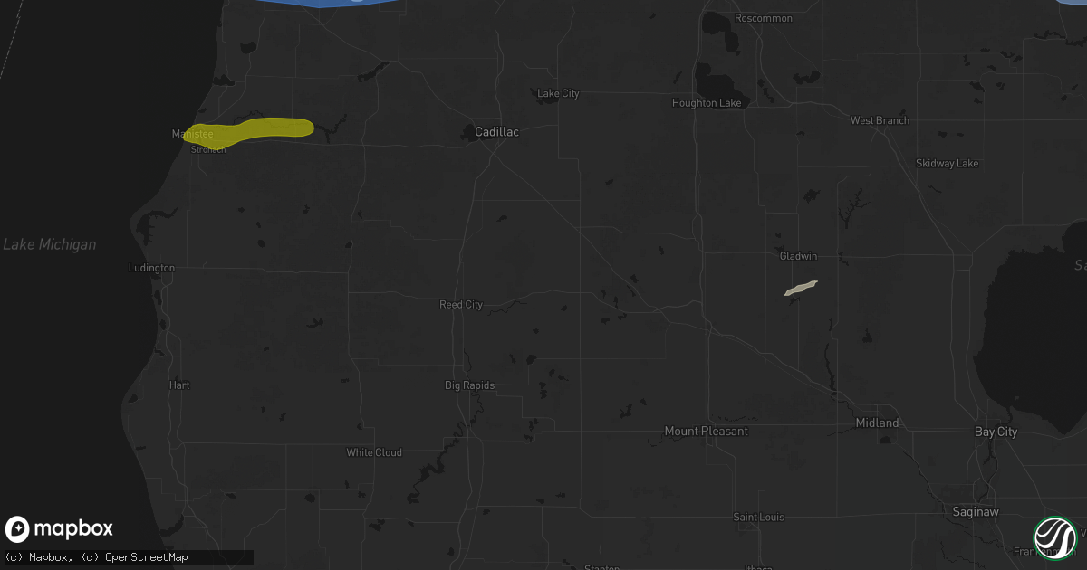 Hail map in Evart, MI on July 1, 2026