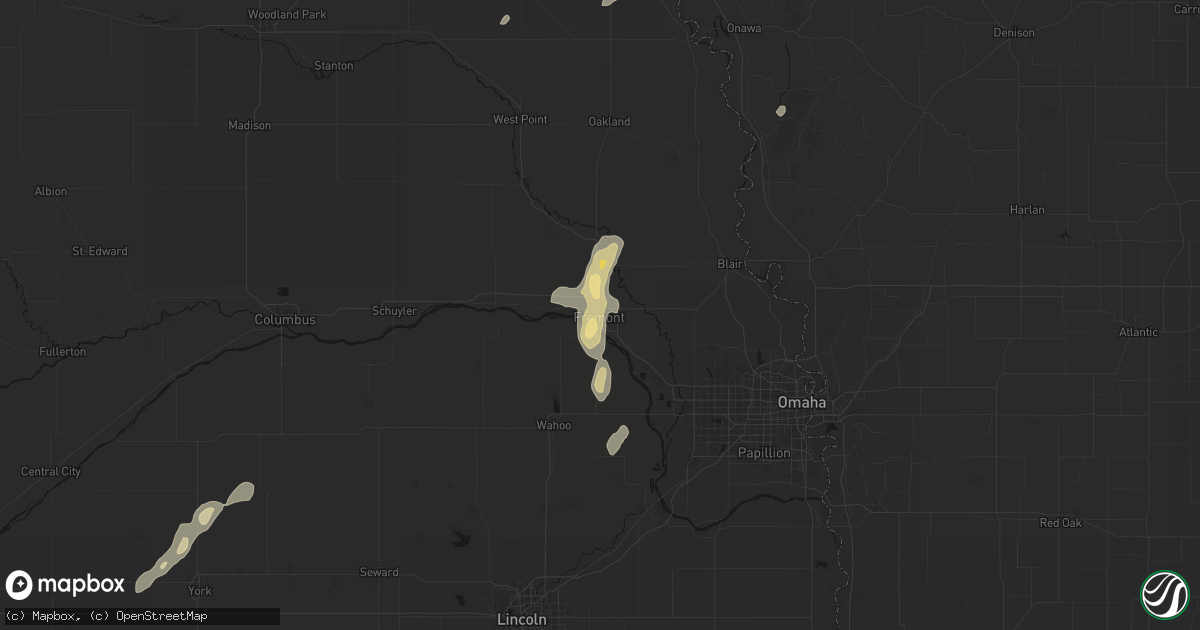 Hail map in Fremont, NE on July 1, 2026