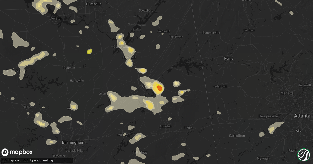 Hail map in Gadsden, AL on July 1, 2026