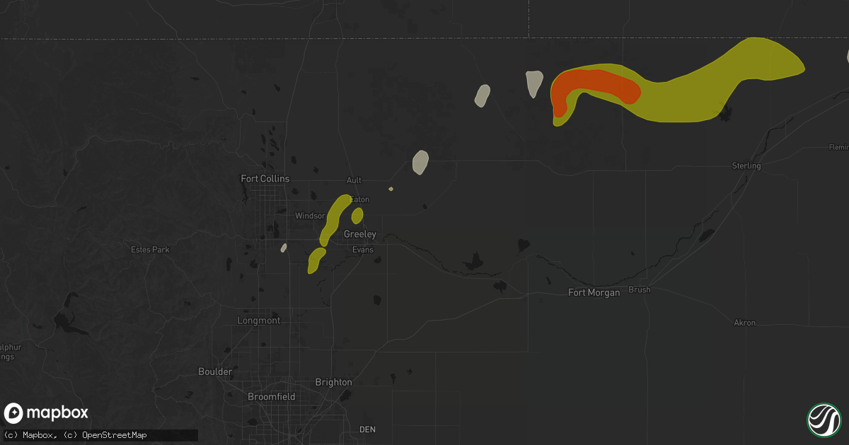 Hail map in Gill, CO on July 1, 2026