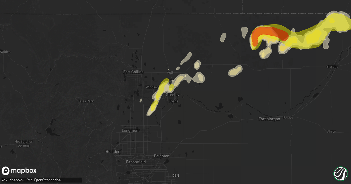 Hail map in Greeley, CO on July 1, 2026