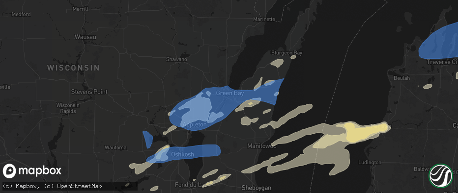 Hail map in Green Bay, WI on July 1, 2026