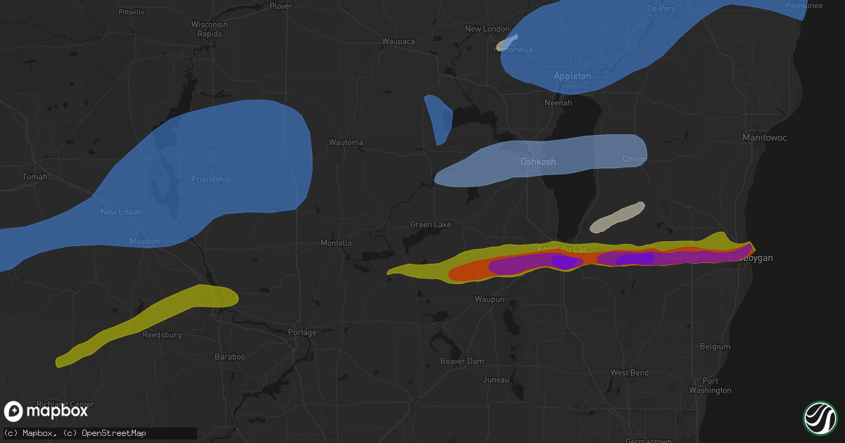 Hail map in Green Lake, WI on July 1, 2026