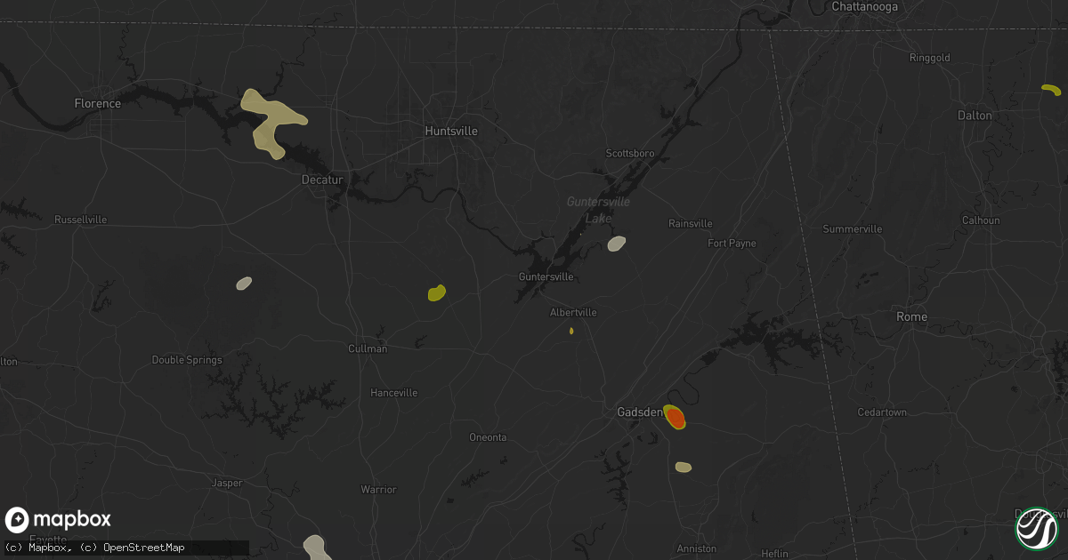 Hail map in Guntersville, AL on July 1, 2026
