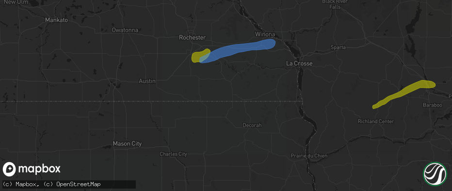 Hail map in Harmony, MN on July 1, 2026