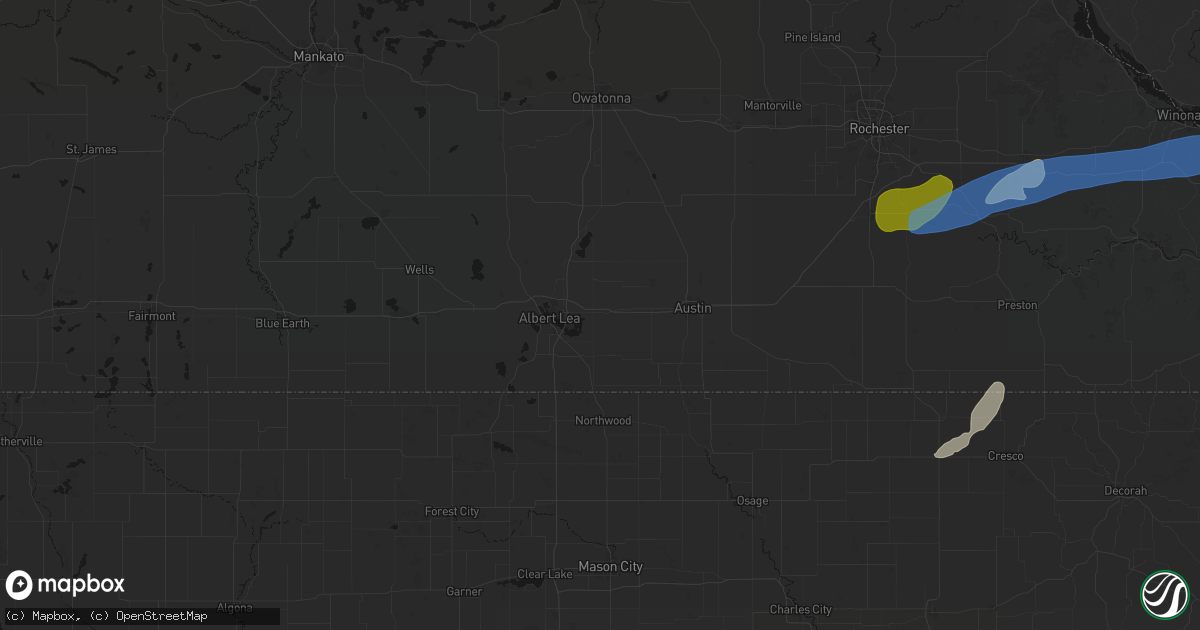 Hail map in Hayward, MN on July 1, 2026