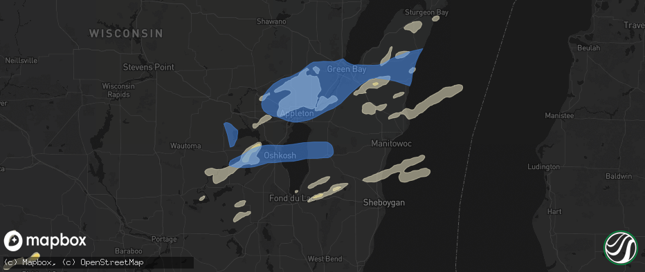 Hail map in Hilbert, WI on July 1, 2026