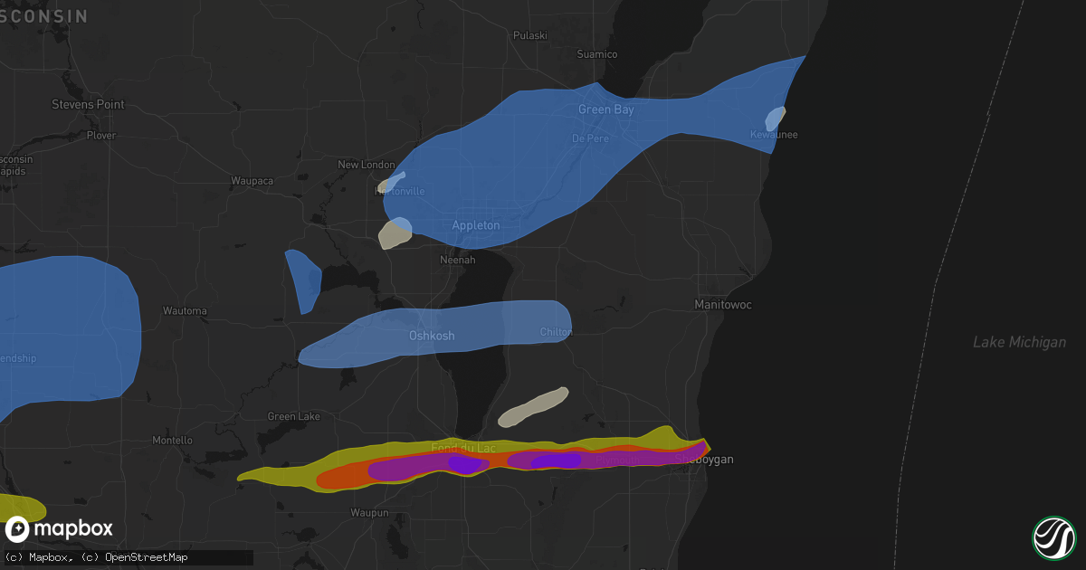 Hail map in Hilbert, WI on July 1, 2026