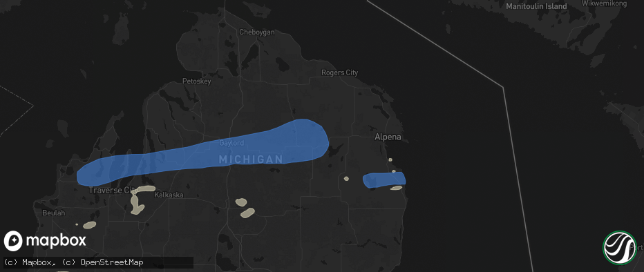 Hail map in Hillman, MI on July 1, 2026