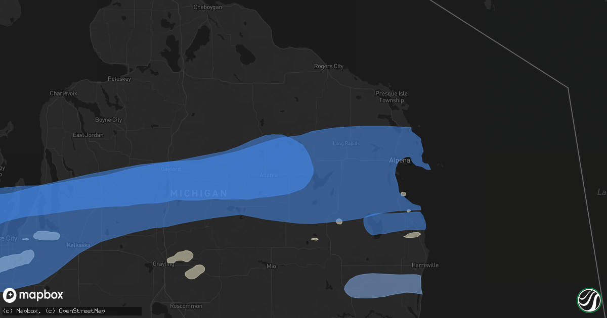 Hail map in Hillman, MI on July 1, 2026