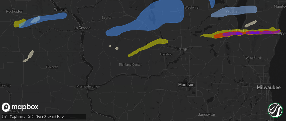 Hail map in Hillpoint, WI on July 1, 2026