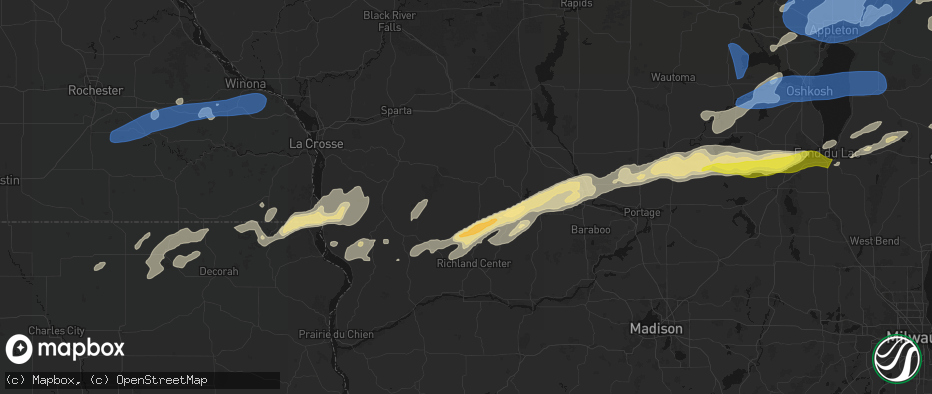 Hail map in Hillsboro, WI on July 1, 2026