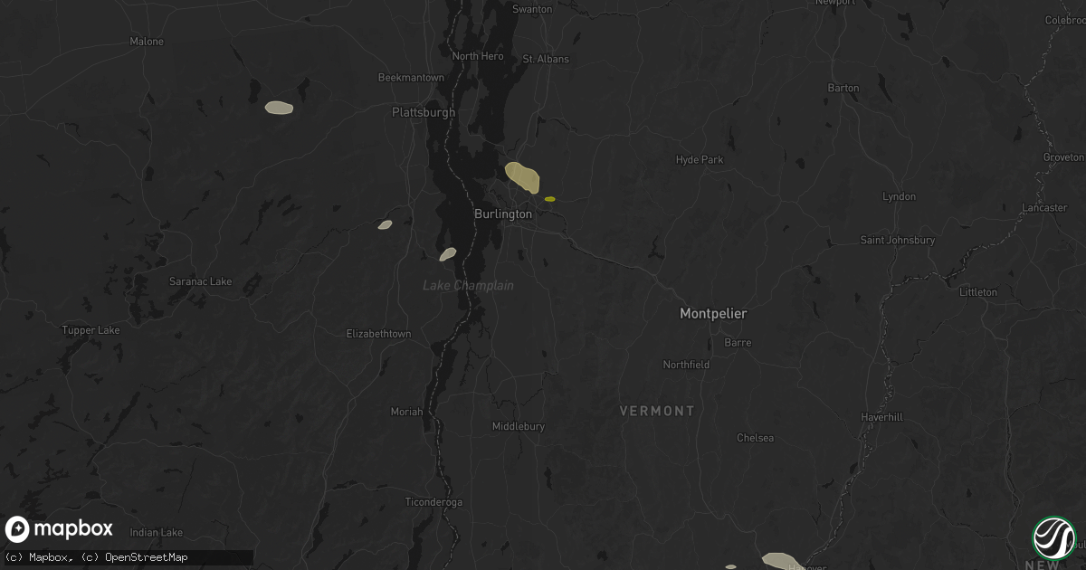 Hail map in Hinesburg, VT on July 1, 2026