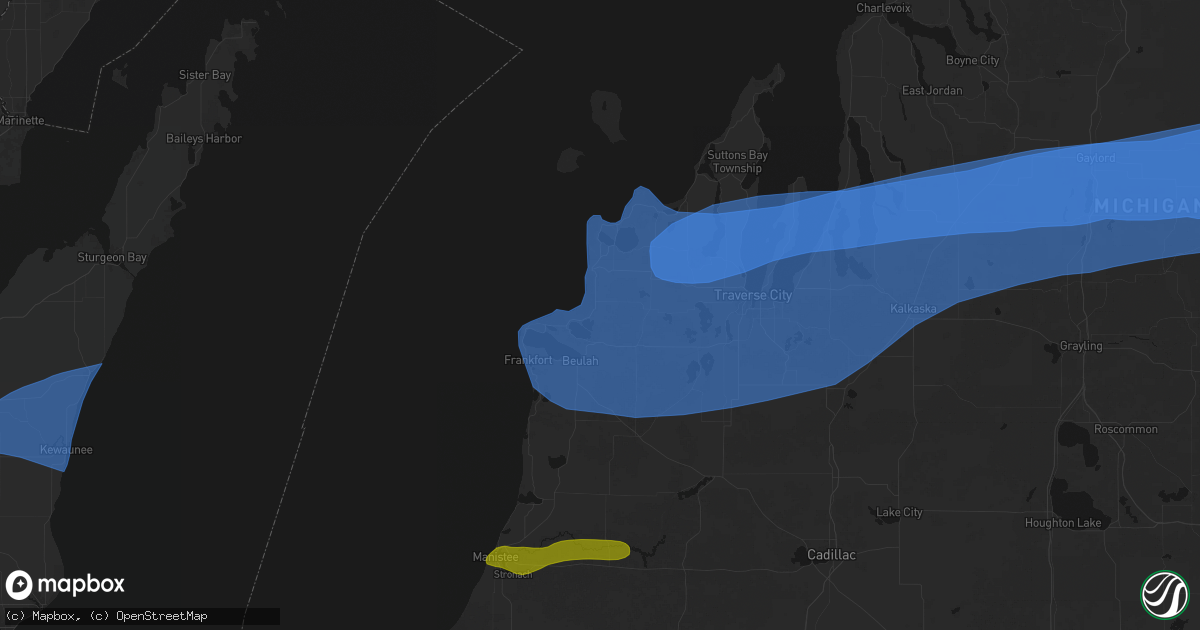 Hail map in Honor, MI on July 1, 2026