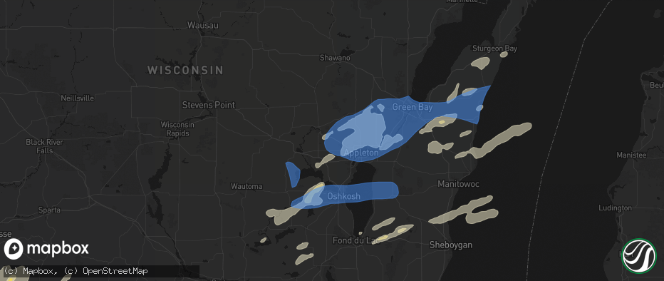 Hail map in Hortonville, WI on July 1, 2026