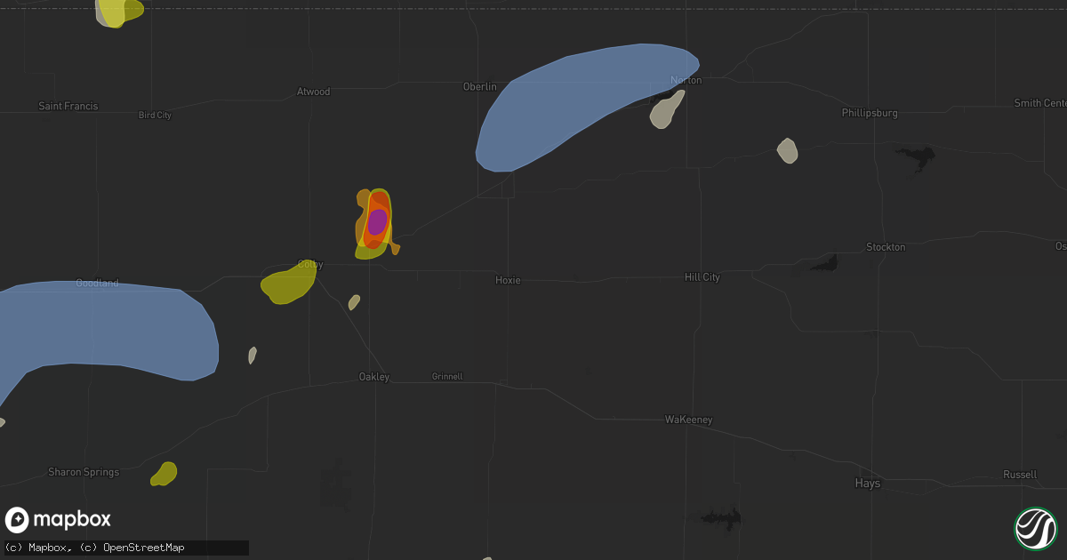 Hail map in Hoxie, KS on July 1, 2026