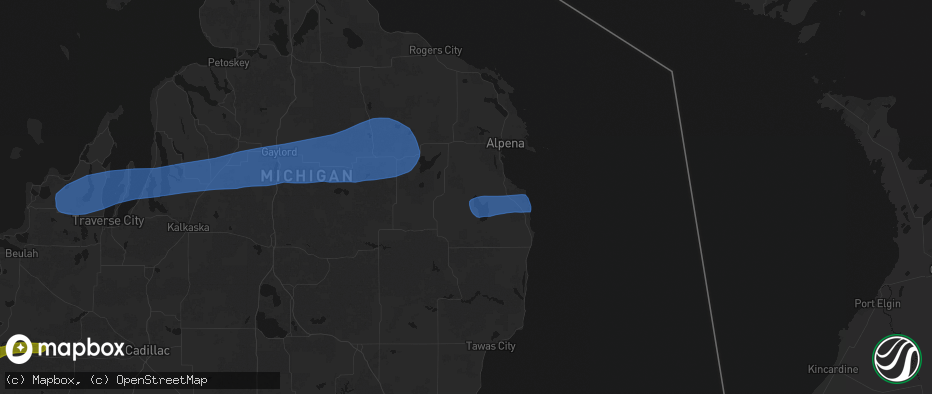 Hail map in Hubbard Lake, MI on July 1, 2026