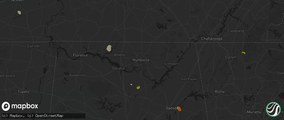 Hail map in Huntsville, AL on July 1, 2026