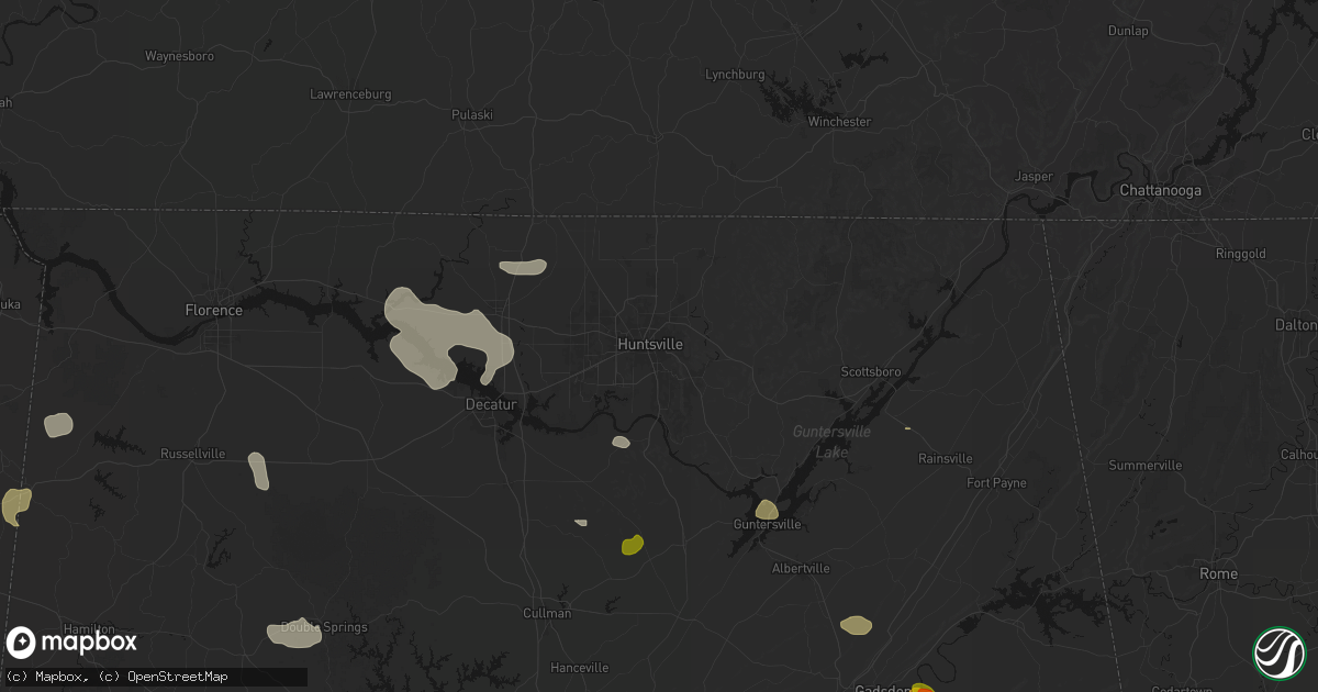 Hail map in Huntsville, AL on July 1, 2026